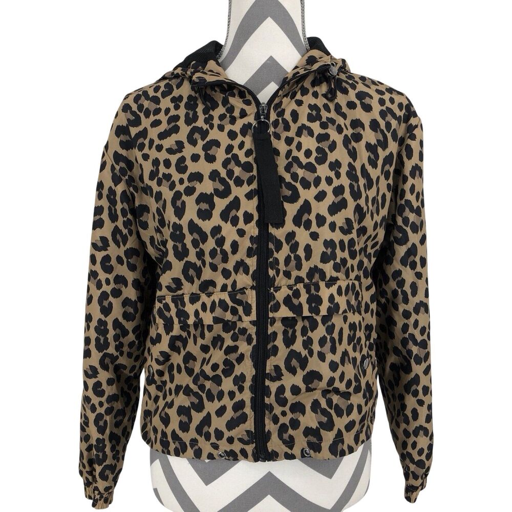 Me Jane Leopard Print Hooded Windbreaker Jacket Size Small Animal Print Zip Up